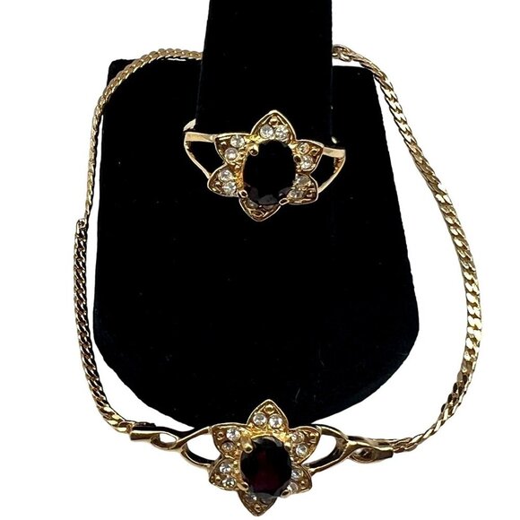 Gold Plated Ring & Bracelet Set With Garnet & Rhinestones.  A22 - Picture 5 of 10